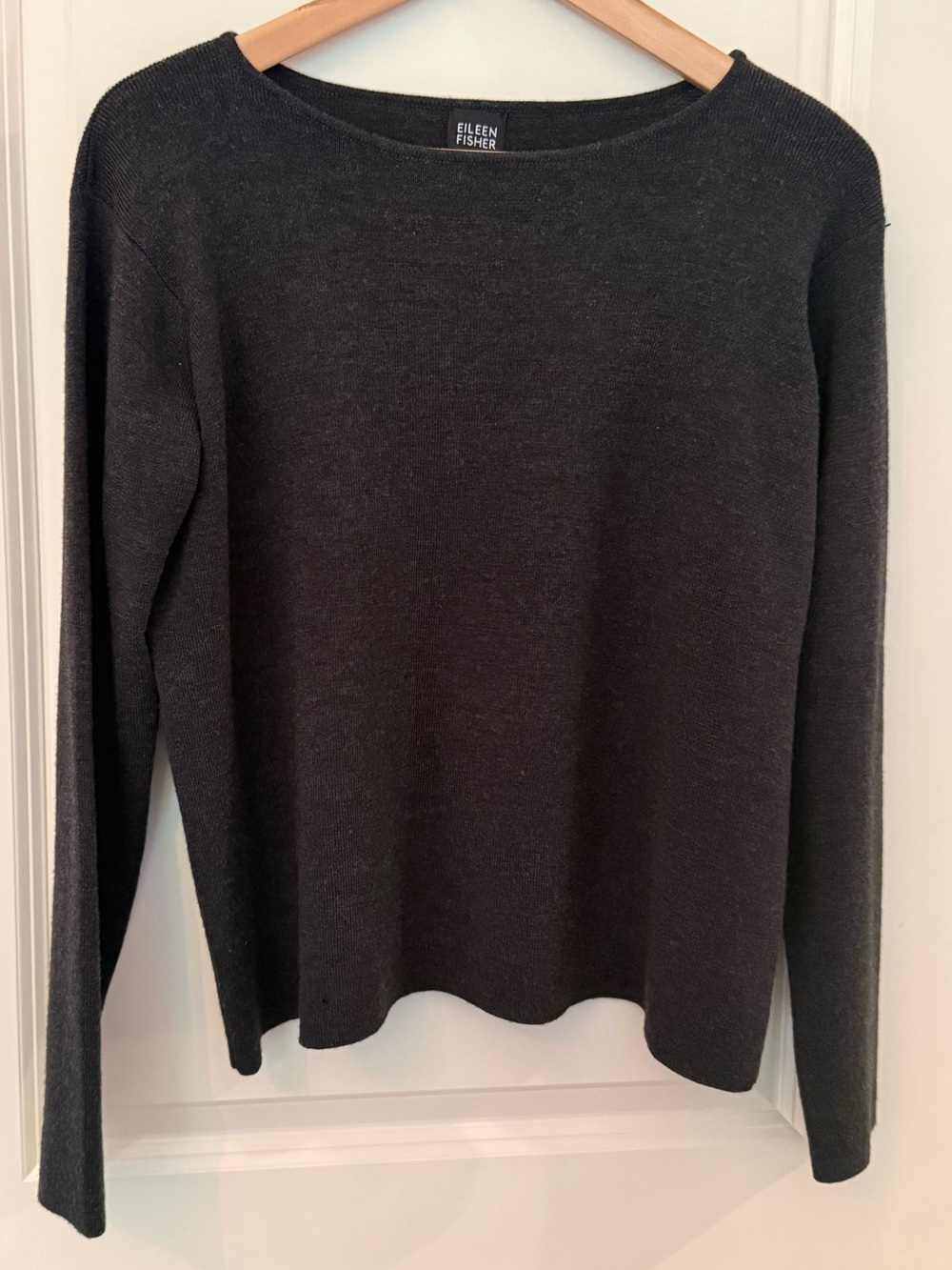 Eileen Fisher Charcoal Black Ballet Boat Neck Merino Wool Knit Sweater Size S